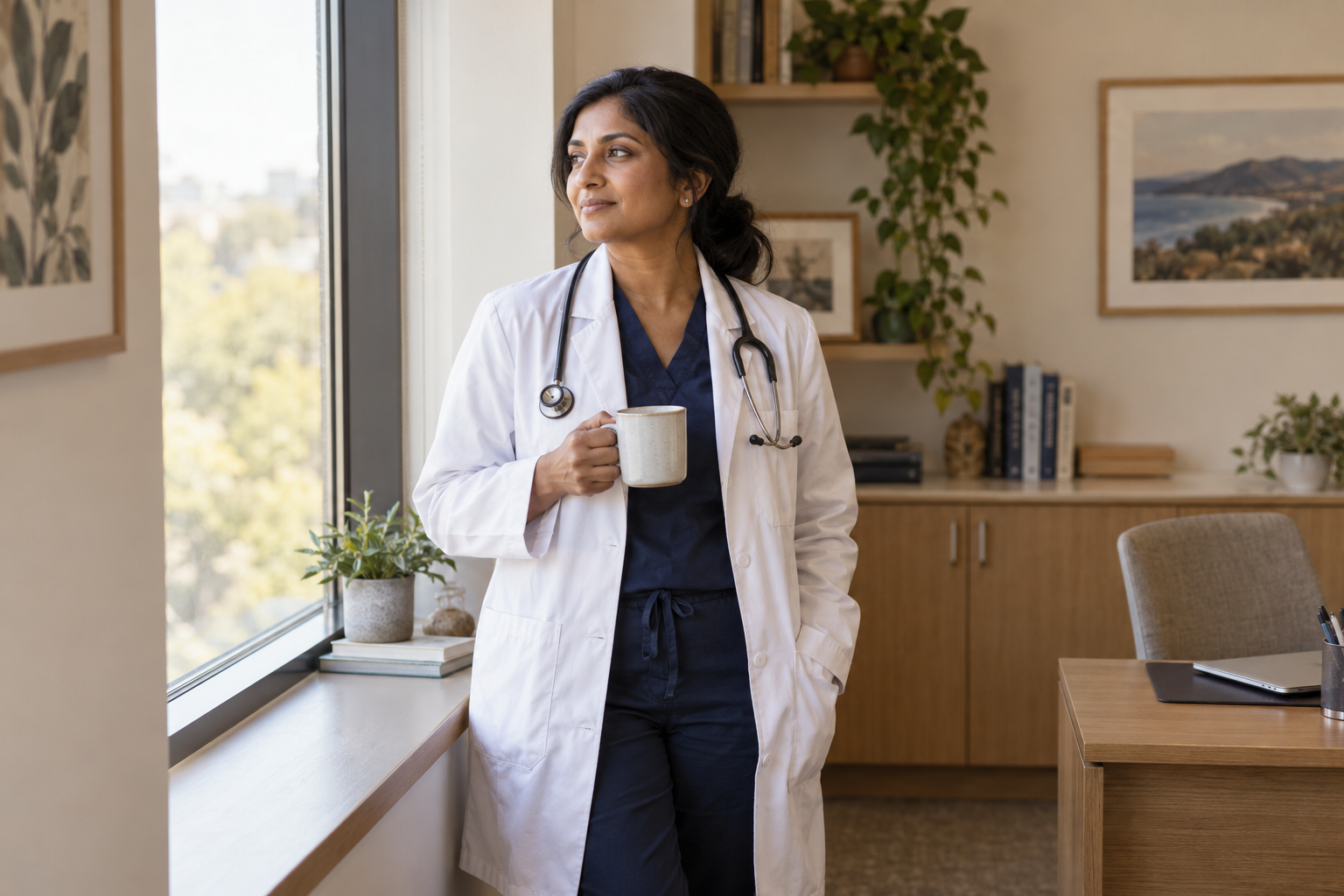 A physician taking a quiet pause in a light-filled office