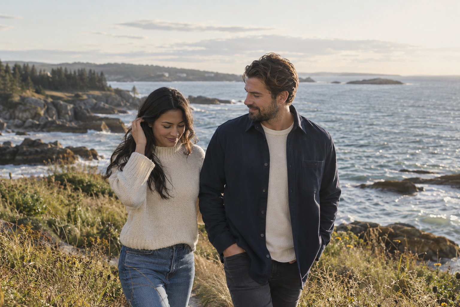 Illustrative younger couple enjoying a coastal walk together